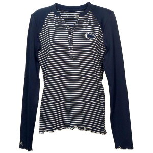 women's navy thermo button-down henley with white stripes, Penn State Athletic Logo